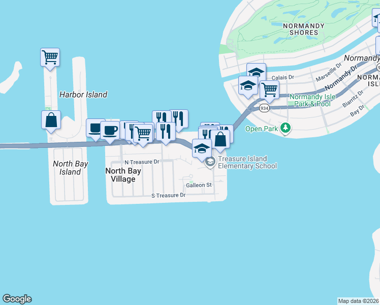 map of restaurants, bars, coffee shops, grocery stores, and more near 1800 John F Kennedy Causeway in North Bay Village