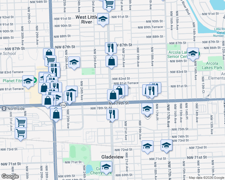 map of restaurants, bars, coffee shops, grocery stores, and more near 8041 Northwest 22nd Avenue in Miami