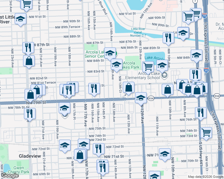 map of restaurants, bars, coffee shops, grocery stores, and more near 7968 Northwest 14th Avenue in Miami