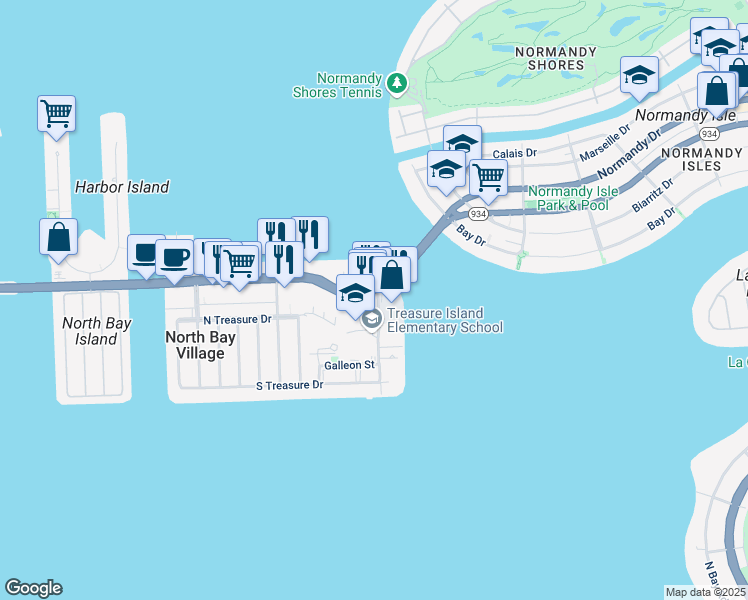 map of restaurants, bars, coffee shops, grocery stores, and more near 1888 79th Street Causeway in North Bay Village