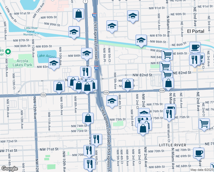 map of restaurants, bars, coffee shops, grocery stores, and more near 7970 NW 5th Ct in Miami