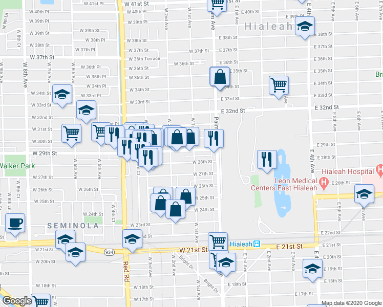map of restaurants, bars, coffee shops, grocery stores, and more near 100 West 29th Street in Hialeah