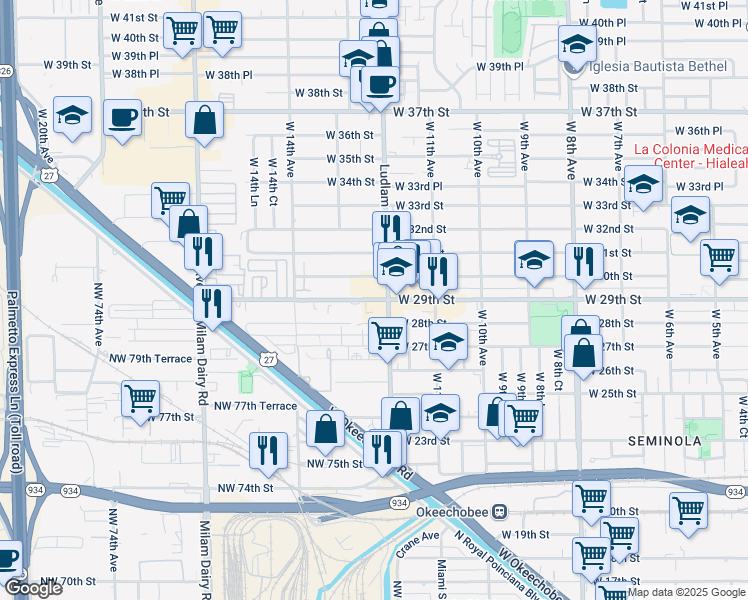 map of restaurants, bars, coffee shops, grocery stores, and more near 1229 West 29th Street in Hialeah