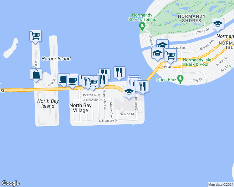 map of restaurants, bars, coffee shops, grocery stores, and more near 7901 Hispanola Avenue in North Bay Village
