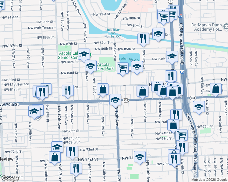 map of restaurants, bars, coffee shops, grocery stores, and more near 1151-1175 Northwest 79th Street in Miami