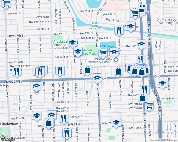 map of restaurants, bars, coffee shops, grocery stores, and more near 8079 Northwest 12th Place in Miami