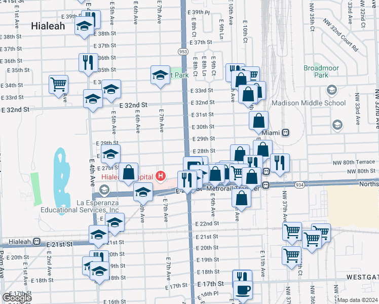map of restaurants, bars, coffee shops, grocery stores, and more near 2780 East 8th Avenue in Hialeah