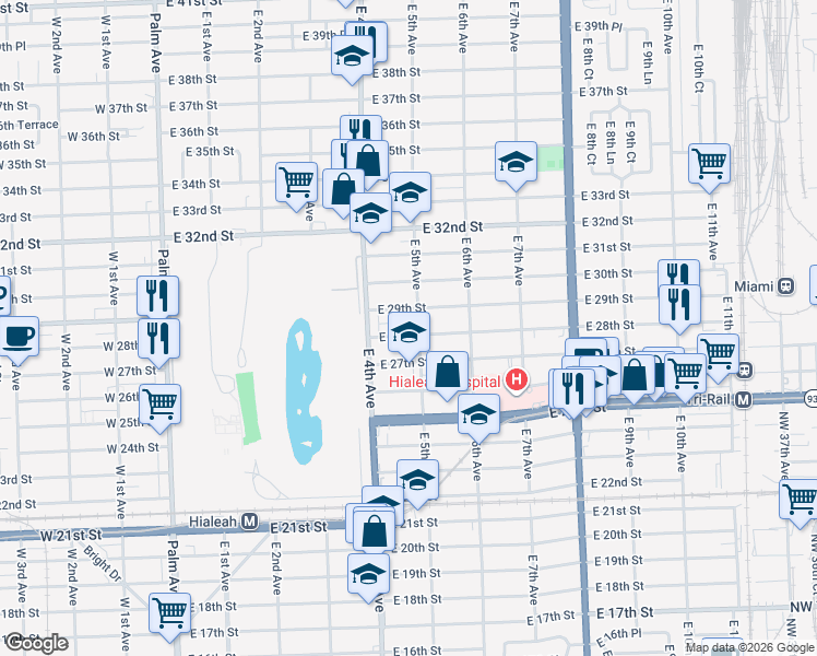 map of restaurants, bars, coffee shops, grocery stores, and more near 499 East 28th Street in Hialeah