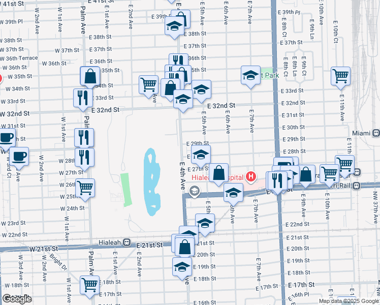 map of restaurants, bars, coffee shops, grocery stores, and more near 421 East 28th Street in Hialeah