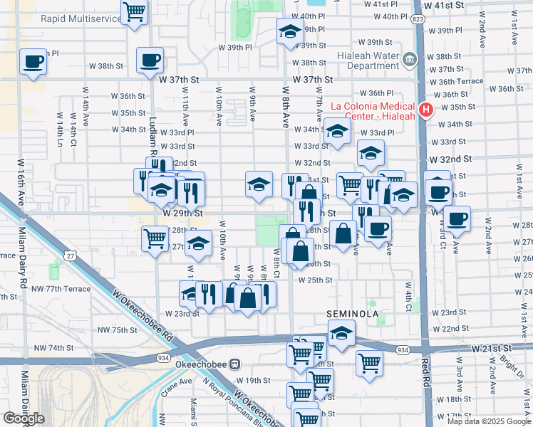 map of restaurants, bars, coffee shops, grocery stores, and more near 877 West 29th Street in Hialeah
