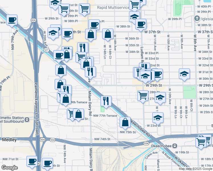 map of restaurants, bars, coffee shops, grocery stores, and more near 1479 West 29th Street in Hialeah