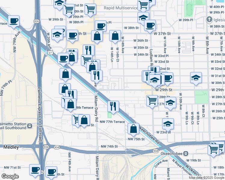 map of restaurants, bars, coffee shops, grocery stores, and more near 1479 West 29th Street in Hialeah
