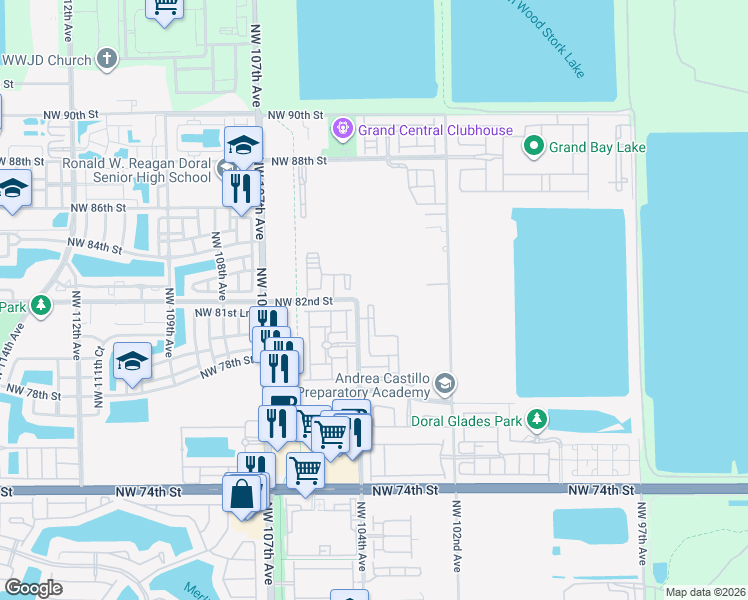 map of restaurants, bars, coffee shops, grocery stores, and more near 8195 Northwest 104th Avenue in Doral