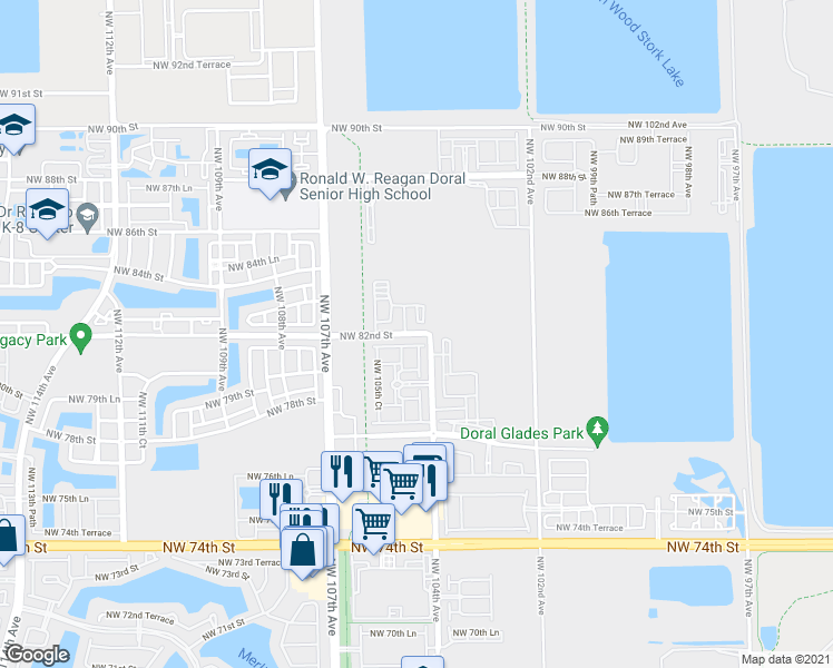 map of restaurants, bars, coffee shops, grocery stores, and more near 10401 Northwest 82nd Street in Doral