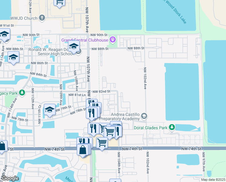 map of restaurants, bars, coffee shops, grocery stores, and more near 10401 Northwest 82nd Street in Doral