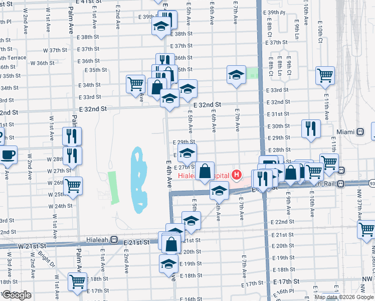 map of restaurants, bars, coffee shops, grocery stores, and more near 499 East 28th Street in Hialeah