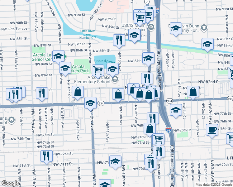 map of restaurants, bars, coffee shops, grocery stores, and more near 7959 Northwest 10th Court in Miami