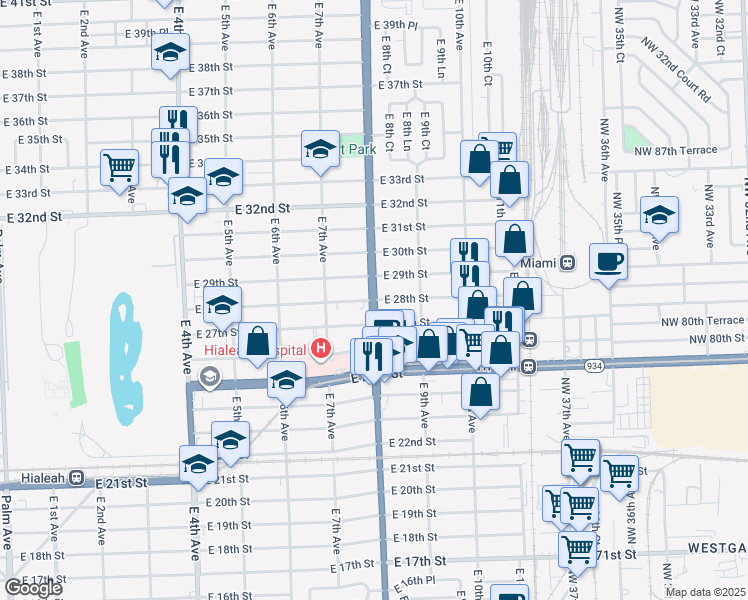 map of restaurants, bars, coffee shops, grocery stores, and more near 2780 East 8th Avenue in Hialeah