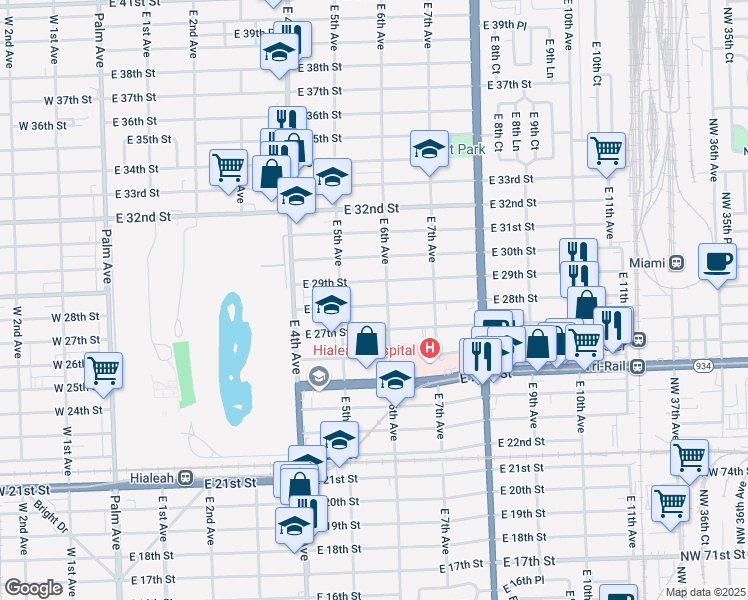 map of restaurants, bars, coffee shops, grocery stores, and more near 565 East 28th Street in Hialeah