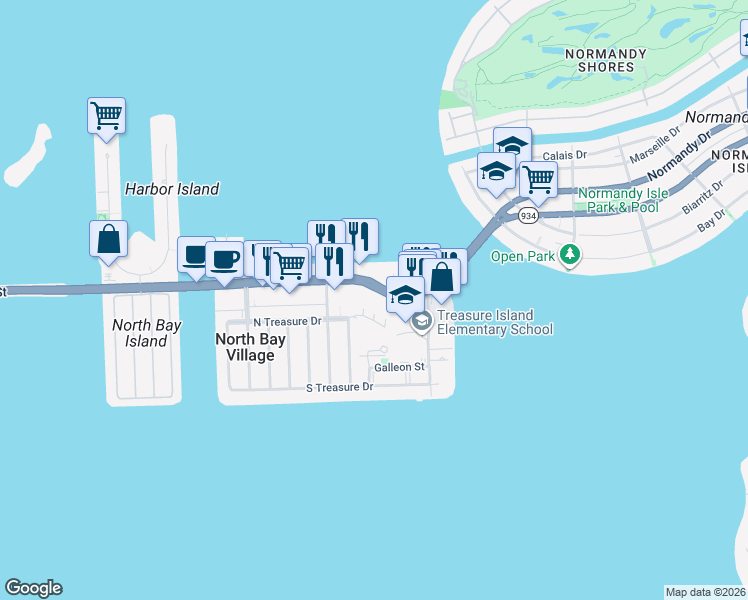 map of restaurants, bars, coffee shops, grocery stores, and more near 1800 John F Kennedy Causeway in North Bay Village
