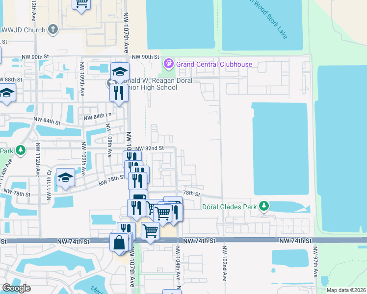 map of restaurants, bars, coffee shops, grocery stores, and more near 8195 Northwest 104th Avenue in Doral