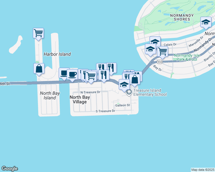 map of restaurants, bars, coffee shops, grocery stores, and more near 1700 John F Kennedy Causeway in North Bay Village