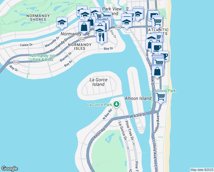 map of restaurants, bars, coffee shops, grocery stores, and more near 6633 Roxbury Lane in Miami Beach