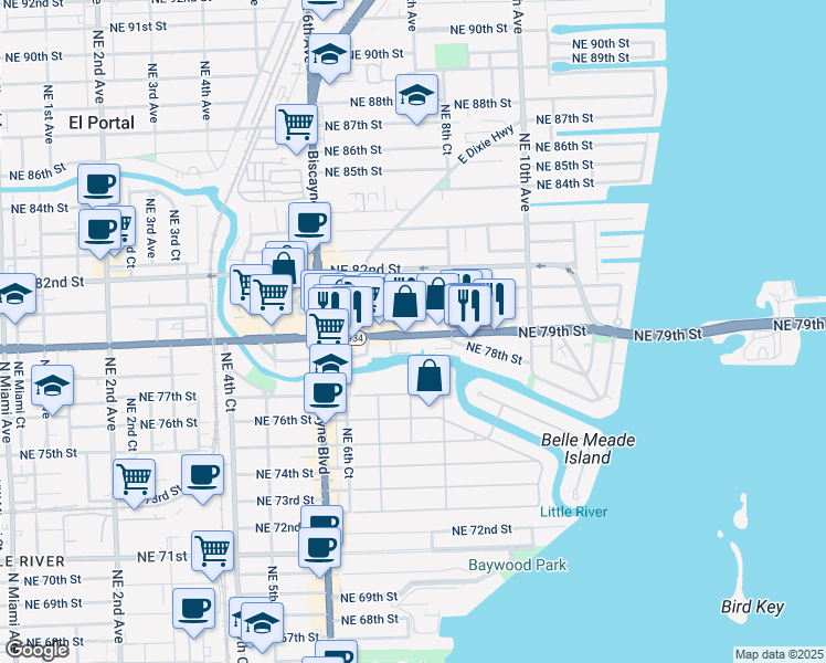 map of restaurants, bars, coffee shops, grocery stores, and more near 755 Northeast 79th Street in Miami