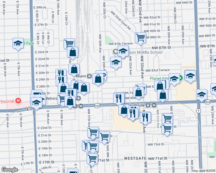 map of restaurants, bars, coffee shops, grocery stores, and more near 3515 Northwest 81st Terrace in Miami