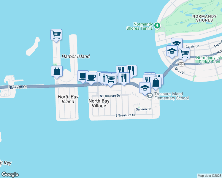 map of restaurants, bars, coffee shops, grocery stores, and more near 1600 79th Street Causeway in North Bay Village
