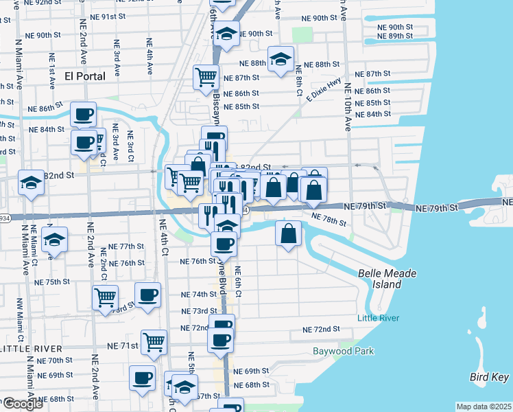 map of restaurants, bars, coffee shops, grocery stores, and more near in Miami