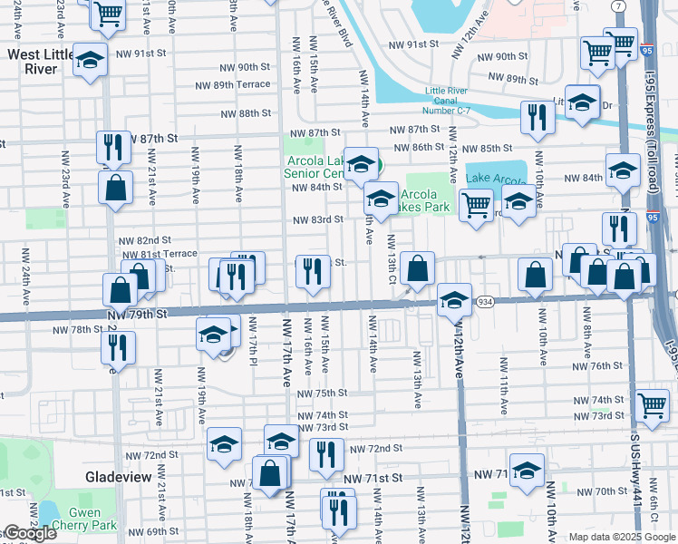map of restaurants, bars, coffee shops, grocery stores, and more near 8000 Northwest 14th Place in Miami