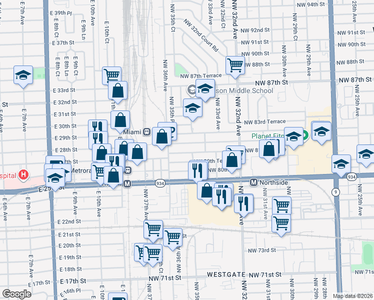 map of restaurants, bars, coffee shops, grocery stores, and more near 3515 NW 81st Terrace in Miami