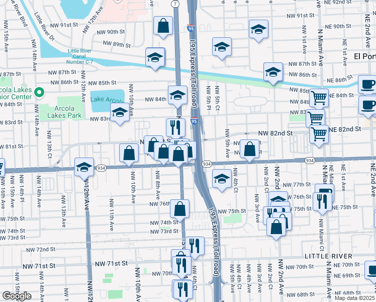 map of restaurants, bars, coffee shops, grocery stores, and more near 7927 Northwest 7th Avenue in Miami