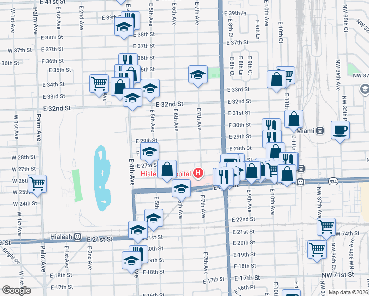 map of restaurants, bars, coffee shops, grocery stores, and more near 645 East 28th Street in Hialeah