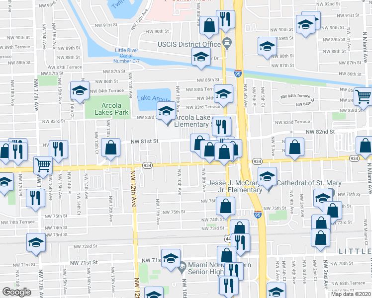 map of restaurants, bars, coffee shops, grocery stores, and more near 913 Northwest 80th Street in Miami