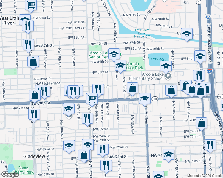 map of restaurants, bars, coffee shops, grocery stores, and more near 7968 Northwest 14th Avenue in Miami