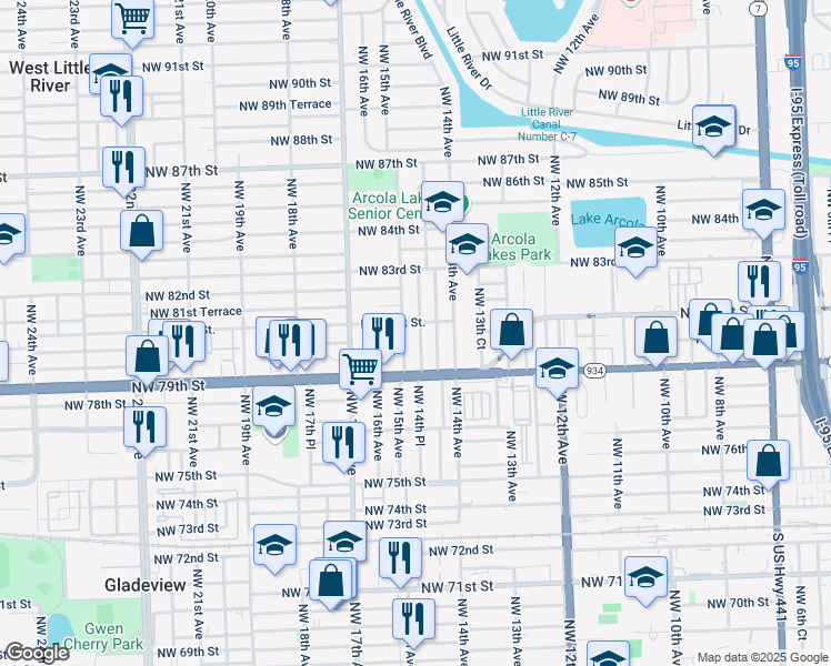 map of restaurants, bars, coffee shops, grocery stores, and more near 8000 Northwest 14th Place in Miami