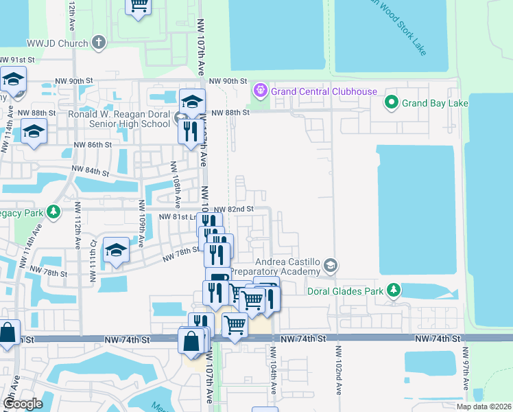 map of restaurants, bars, coffee shops, grocery stores, and more near 10401 Northwest 82nd Street in Doral