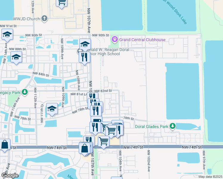 map of restaurants, bars, coffee shops, grocery stores, and more near 10401 Northwest 82nd Street in Doral