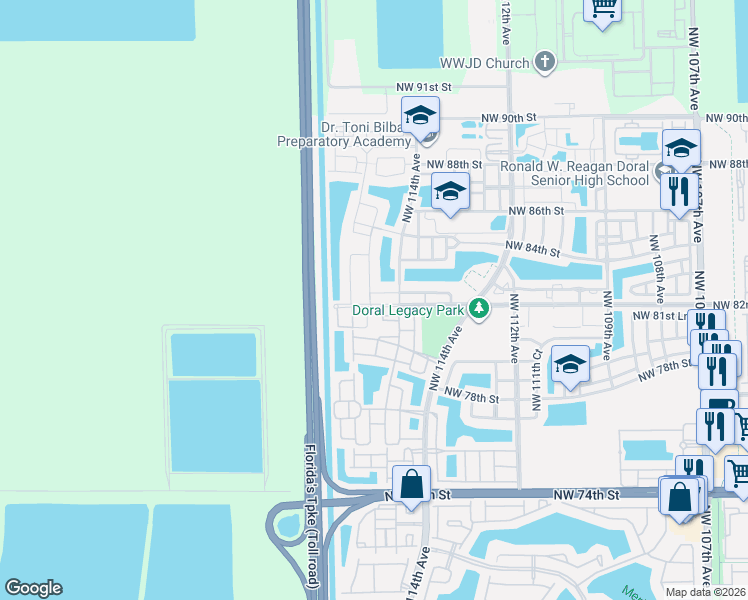 map of restaurants, bars, coffee shops, grocery stores, and more near 8204 Northwest 115th Court in Doral