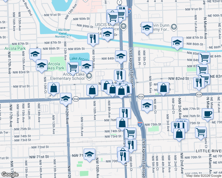 map of restaurants, bars, coffee shops, grocery stores, and more near 793 NW 80th St in Miami