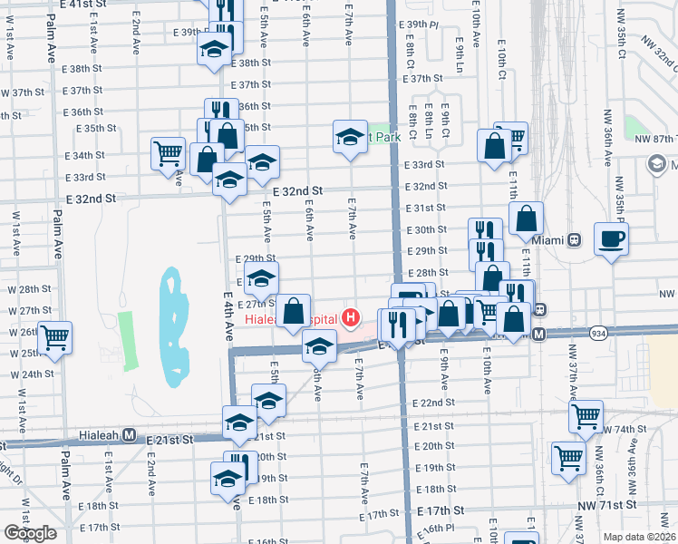 map of restaurants, bars, coffee shops, grocery stores, and more near 645 East 28th Street in Hialeah