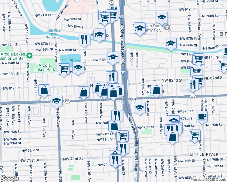 map of restaurants, bars, coffee shops, grocery stores, and more near 8020 Northwest 7th Avenue in Miami