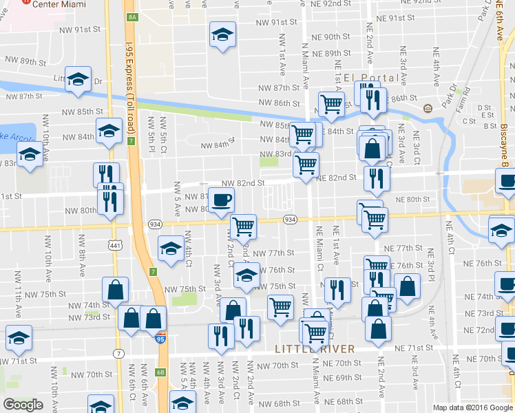 map of restaurants, bars, coffee shops, grocery stores, and more near 7928 Northwest 1st Place in Miami