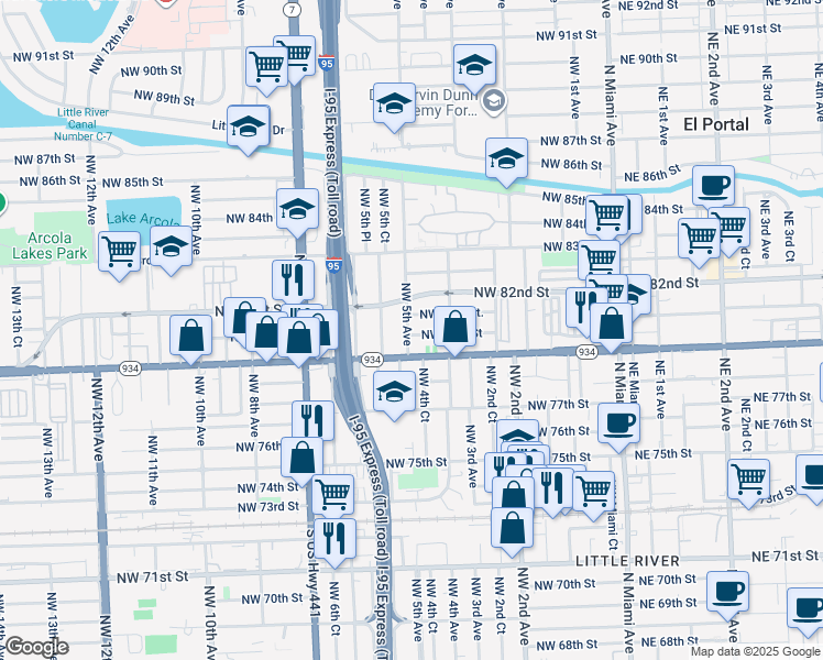 map of restaurants, bars, coffee shops, grocery stores, and more near 495 Northwest 80th Street in Miami