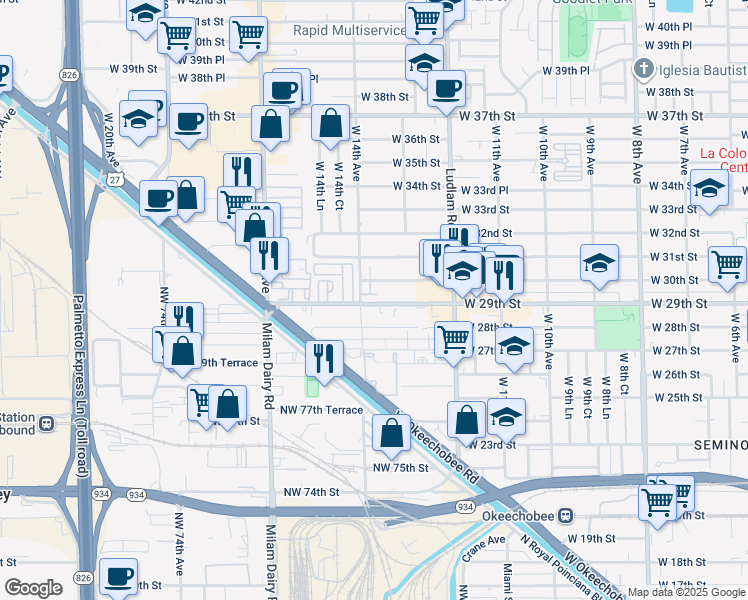 map of restaurants, bars, coffee shops, grocery stores, and more near in Hialeah