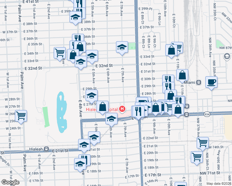 map of restaurants, bars, coffee shops, grocery stores, and more near 645 East 28th Street in Hialeah