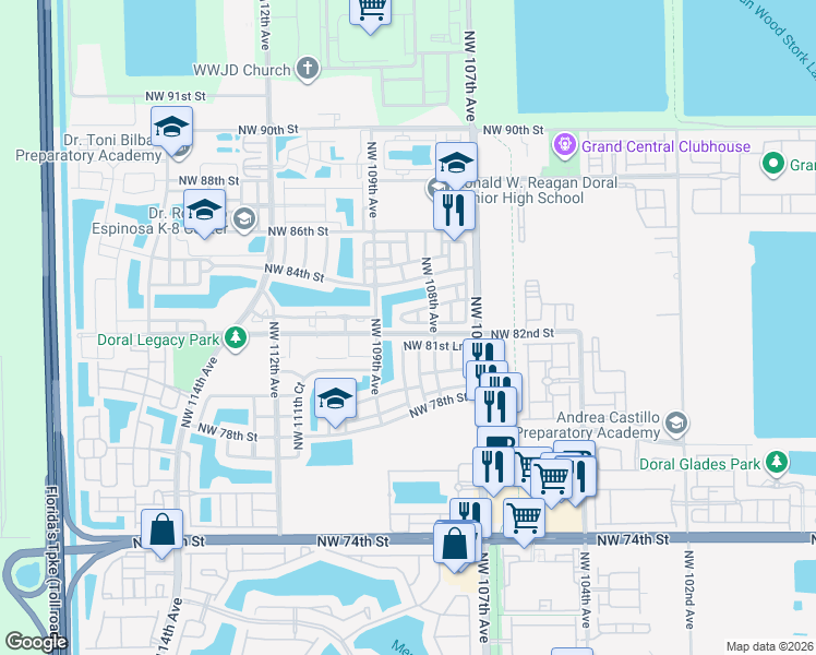 map of restaurants, bars, coffee shops, grocery stores, and more near 10950 Northwest 82nd Street in Doral
