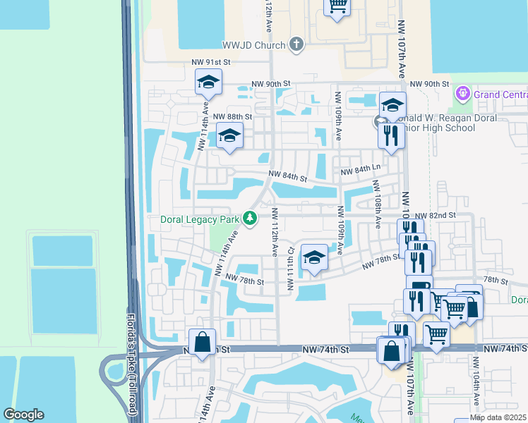 map of restaurants, bars, coffee shops, grocery stores, and more near 11202 Northwest 83rd Street in Doral